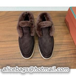 Stylish Loro Piana High-top Loafers in Suede and Wool Fur Coffee Brown 1011060