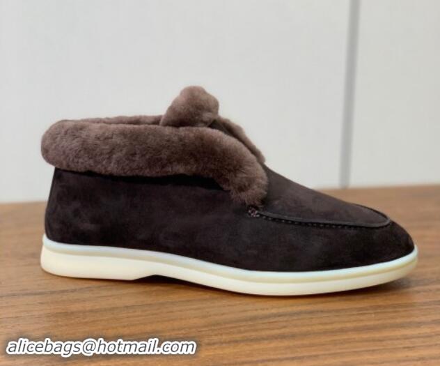 Stylish Loro Piana High-top Loafers in Suede and Wool Fur Coffee Brown 1011060