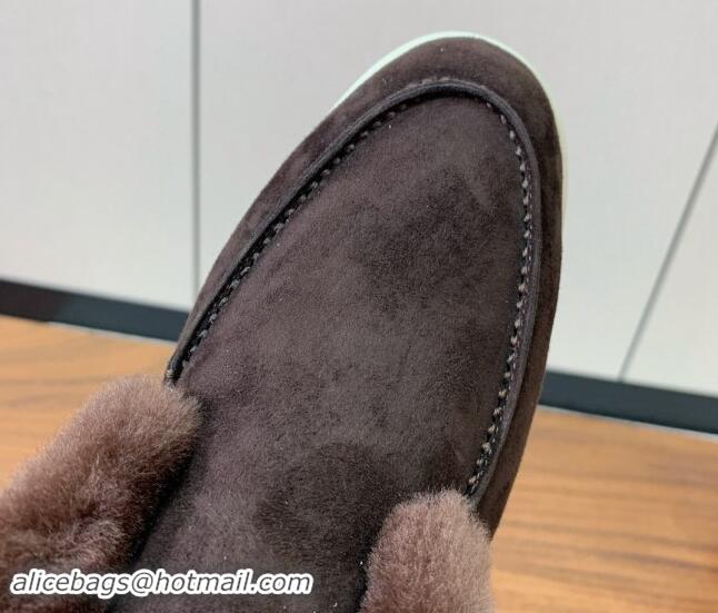 Stylish Loro Piana High-top Loafers in Suede and Wool Fur Coffee Brown 1011060