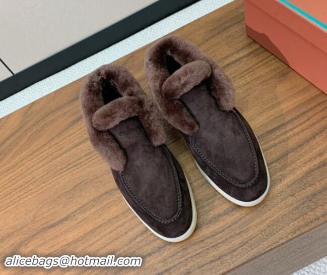 Stylish Loro Piana High-top Loafers in Suede and Wool Fur Coffee Brown 1011060