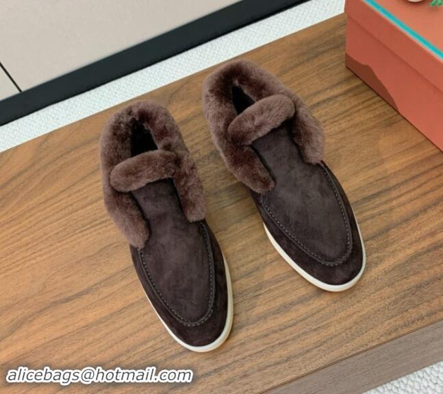 Stylish Loro Piana High-top Loafers in Suede and Wool Fur Coffee Brown 1011060