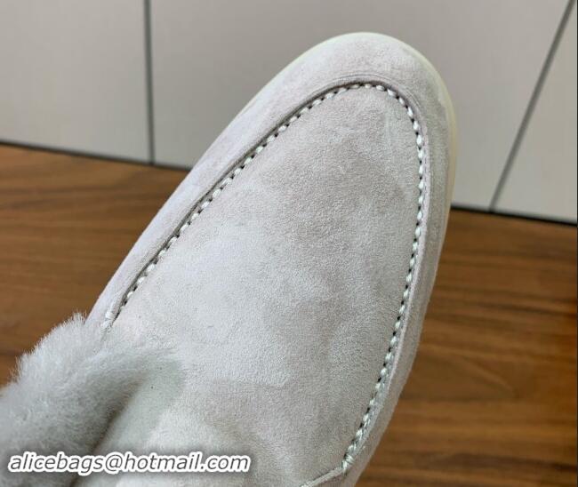 Good Quality Loro Piana High-top Loafers in Suede and Wool Fur Pearl Grey 011057