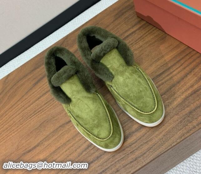 Charming Loro Piana High-top Loafers in Suede and Wool Fur LywGreen 011065