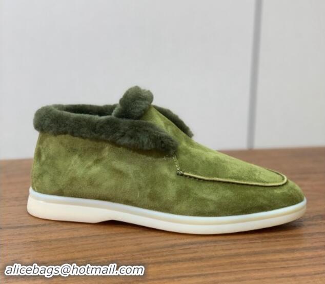 Charming Loro Piana High-top Loafers in Suede and Wool Fur LywGreen 011065