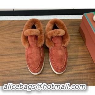 Top Design Loro Piana High-top Loafers in Suede and Wool Fur Brick Red 011067