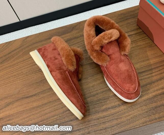 Top Design Loro Piana High-top Loafers in Suede and Wool Fur Brick Red 011067