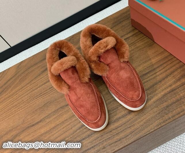 Top Design Loro Piana High-top Loafers in Suede and Wool Fur Brick Red 011067