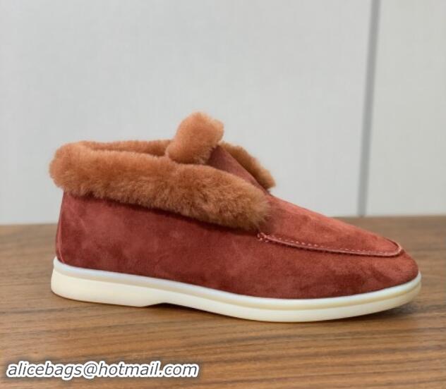 Top Design Loro Piana High-top Loafers in Suede and Wool Fur Brick Red 011067