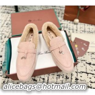 Good Quality Loro Piana Summer Charm Loafers in Suede and Rabbit Fur Light Pink 011068