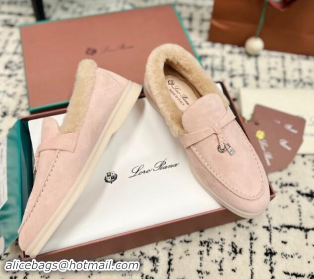 Good Quality Loro Piana Summer Charm Loafers in Suede and Rabbit Fur Light Pink 011068