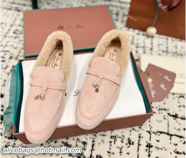 Good Quality Loro Piana Summer Charm Loafers in Suede and Rabbit Fur Light Pink 011068