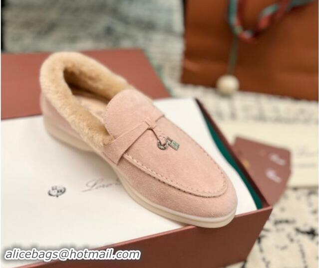 Good Quality Loro Piana Summer Charm Loafers in Suede and Rabbit Fur Light Pink 011068