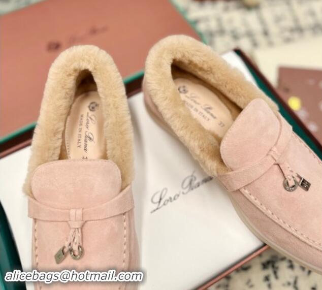 Good Quality Loro Piana Summer Charm Loafers in Suede and Rabbit Fur Light Pink 011068