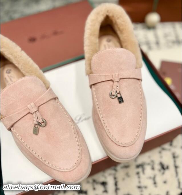 Good Quality Loro Piana Summer Charm Loafers in Suede and Rabbit Fur Light Pink 011068