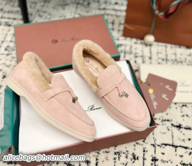 Good Quality Loro Piana Summer Charm Loafers in Suede and Rabbit Fur Light Pink 011068