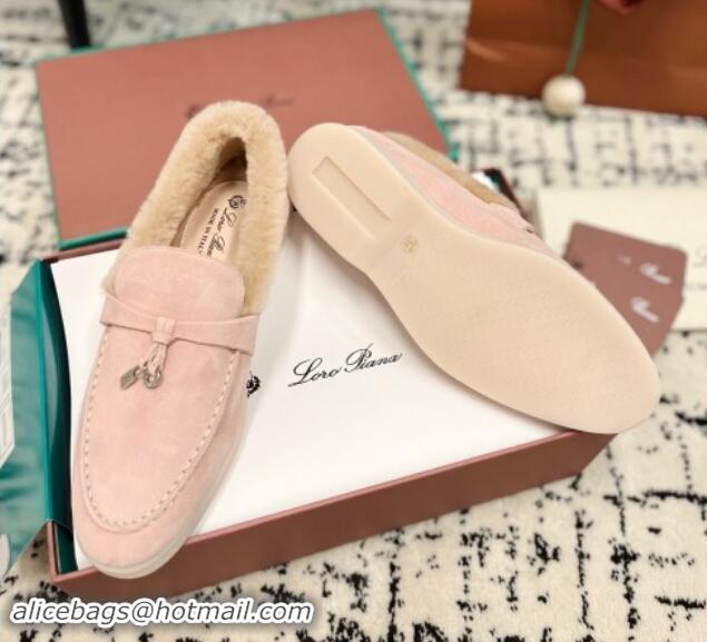 Good Quality Loro Piana Summer Charm Loafers in Suede and Rabbit Fur Light Pink 011068