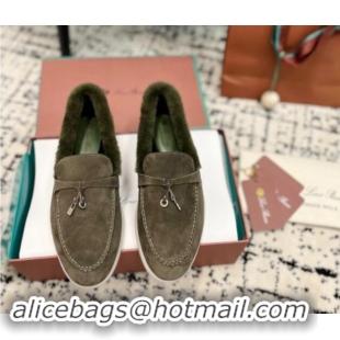 Good Looking Loro Piana Summer Charm Loafers in Suede and Rabbit Fur Dusty Green 011071