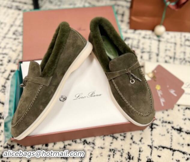 Good Looking Loro Piana Summer Charm Loafers in Suede and Rabbit Fur Dusty Green 011071