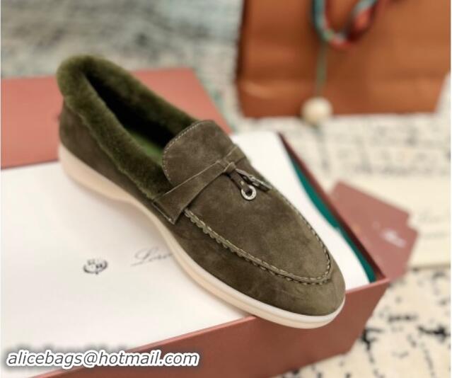 Good Looking Loro Piana Summer Charm Loafers in Suede and Rabbit Fur Dusty Green 011071