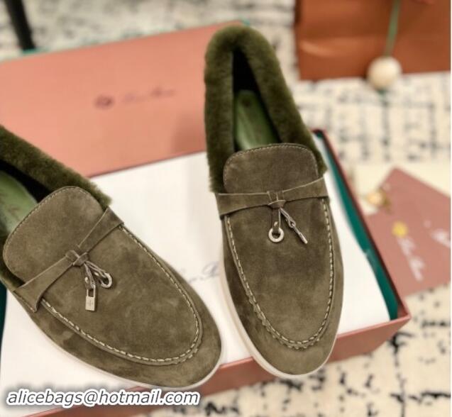 Good Looking Loro Piana Summer Charm Loafers in Suede and Rabbit Fur Dusty Green 011071