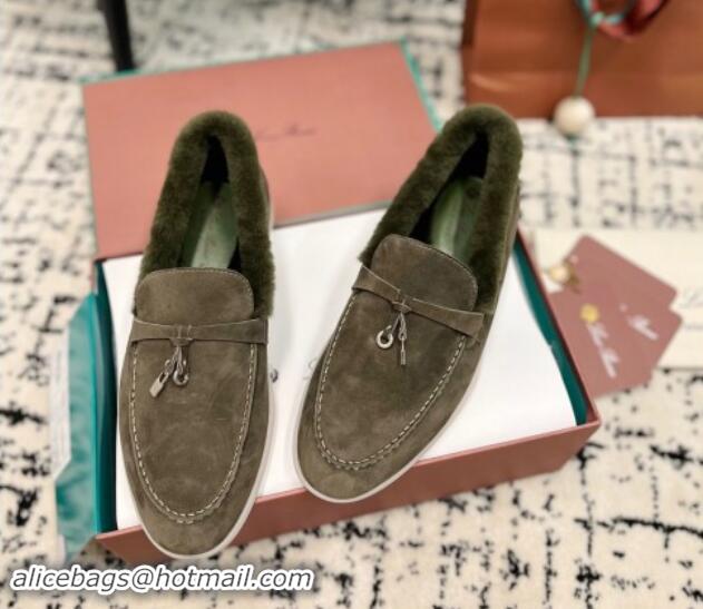 Good Looking Loro Piana Summer Charm Loafers in Suede and Rabbit Fur Dusty Green 011071