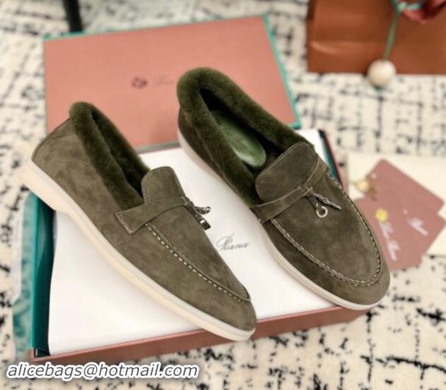 Good Looking Loro Piana Summer Charm Loafers in Suede and Rabbit Fur Dusty Green 011071