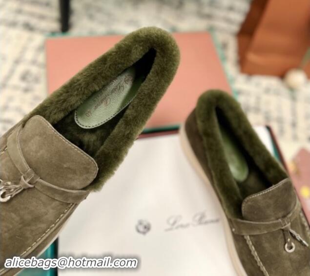 Good Looking Loro Piana Summer Charm Loafers in Suede and Rabbit Fur Dusty Green 011071