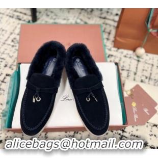 Duplicate Loro Piana Summer Charm Loafers in Suede and Rabbit Fur Dark Blue 011072