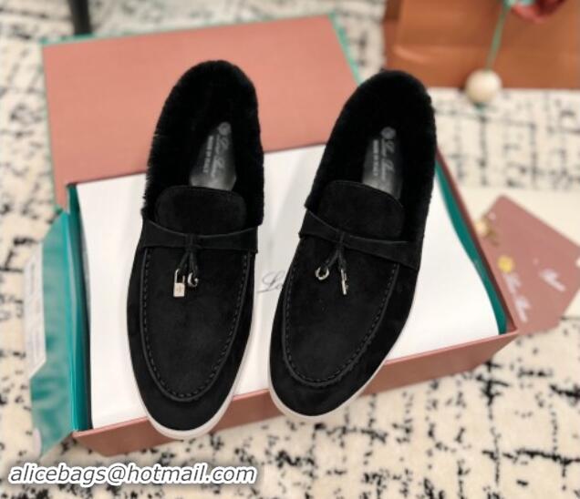 Best Price Loro Piana Summer Charm Loafers in Suede and Rabbit Fur Black 1011073