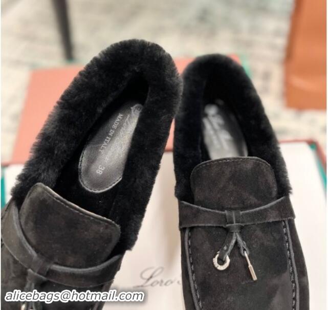 Best Price Loro Piana Summer Charm Loafers in Suede and Rabbit Fur Black 1011073