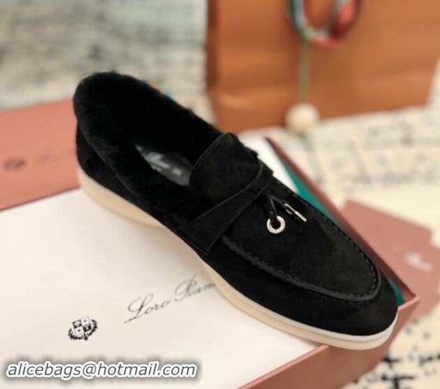 Best Price Loro Piana Summer Charm Loafers in Suede and Rabbit Fur Black 1011073