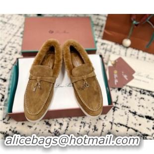 Cheap Price Loro Piana Summer Charm Loafers in Suede and Rabbit Fur Light Brown 1011074