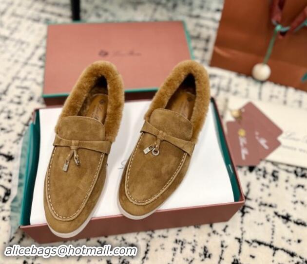 Cheap Price Loro Piana Summer Charm Loafers in Suede and Rabbit Fur Light Brown 1011074