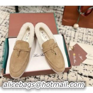 Good Quality Loro Piana Summer Charm Loafers in Suede and Rabbit Fur Dark Beige 011076