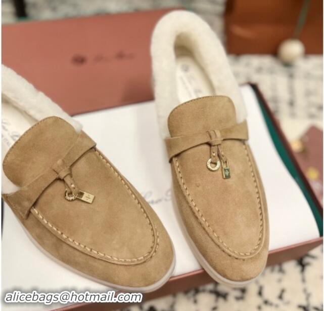 Good Quality Loro Piana Summer Charm Loafers in Suede and Rabbit Fur Dark Beige 011076