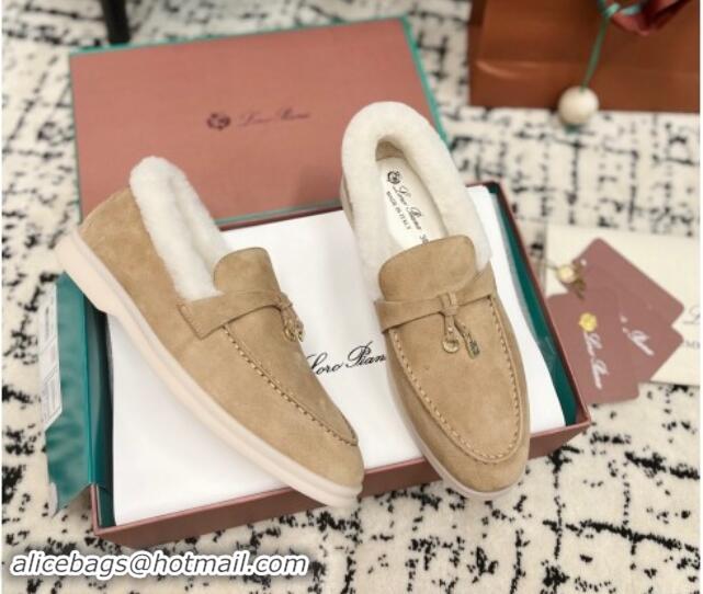 Good Quality Loro Piana Summer Charm Loafers in Suede and Rabbit Fur Dark Beige 011076