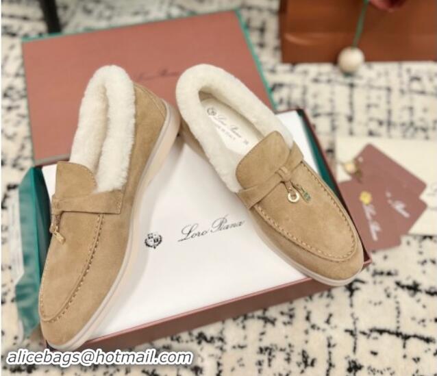 Good Quality Loro Piana Summer Charm Loafers in Suede and Rabbit Fur Dark Beige 011076