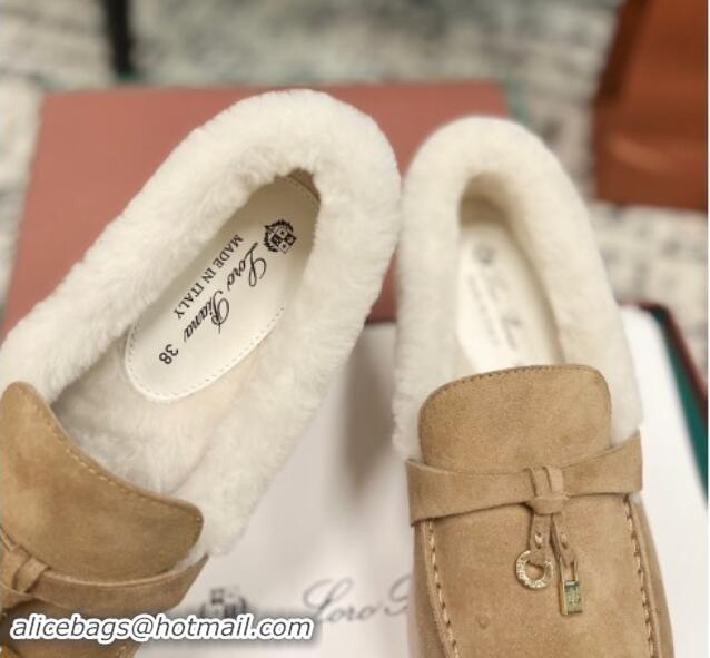 Good Quality Loro Piana Summer Charm Loafers in Suede and Rabbit Fur Dark Beige 011076