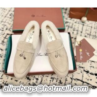 Big Discount Loro Piana Summer Charm Loafers in Suede and Rabbit Fur Light Beige 1011078