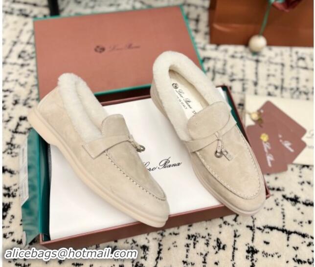 Big Discount Loro Piana Summer Charm Loafers in Suede and Rabbit Fur Light Beige 1011078