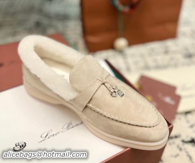 Big Discount Loro Piana Summer Charm Loafers in Suede and Rabbit Fur Light Beige 1011078