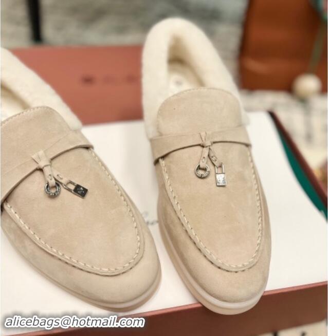 Big Discount Loro Piana Summer Charm Loafers in Suede and Rabbit Fur Light Beige 1011078