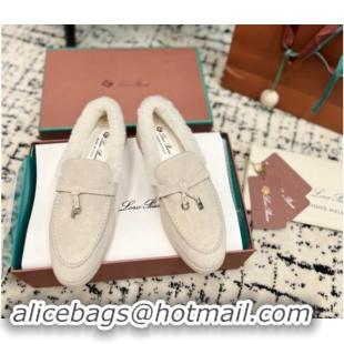 Low Price Loro Piana Summer Charm Loafers in Suede and Rabbit Fur Light Grey 1011079