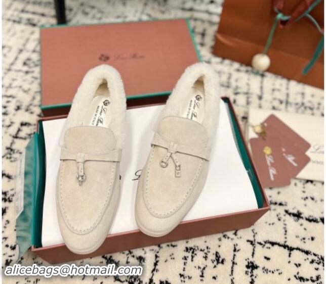 Low Price Loro Piana Summer Charm Loafers in Suede and Rabbit Fur Light Grey 1011079