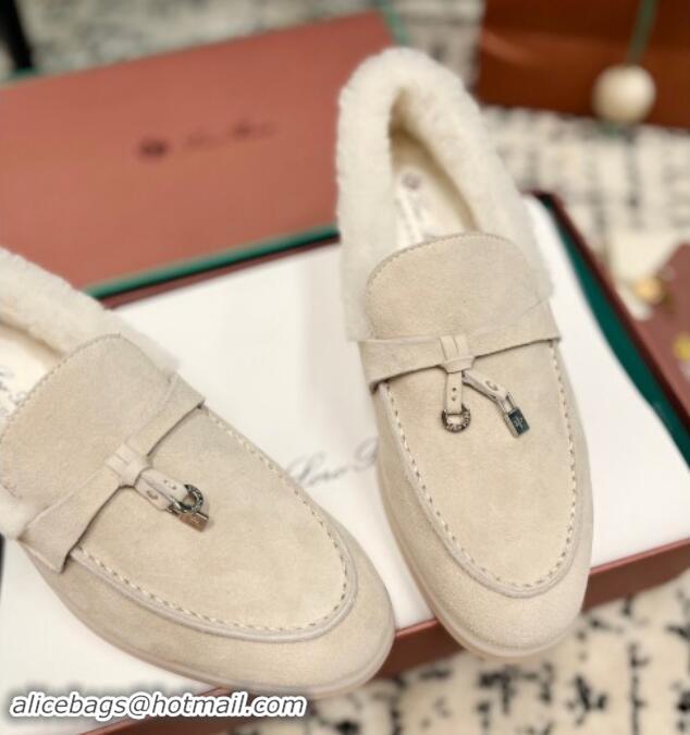 Low Price Loro Piana Summer Charm Loafers in Suede and Rabbit Fur Light Grey 1011079