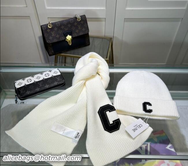 New Stylish Celine Knit Long Scarf and Hat Set 1021 White 2024