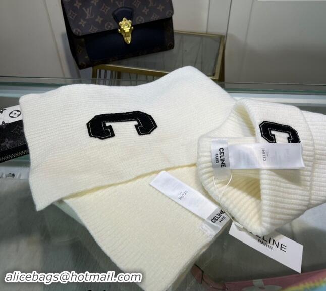 New Stylish Celine Knit Long Scarf and Hat Set 1021 White 2024