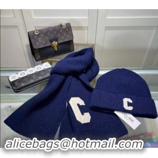 Spot Bulk Celine Knit Long Scarf and Hat Set 1021 Navy Blue 2024