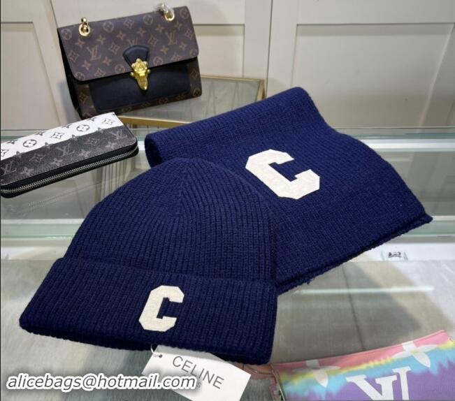 Spot Bulk Celine Knit Long Scarf and Hat Set 1021 Navy Blue 2024