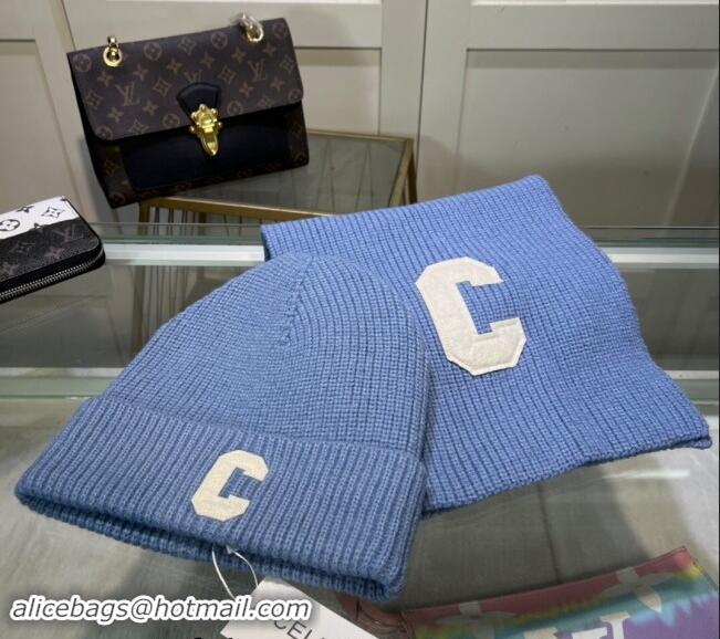 Cheapest Celine Knit Long Scarf and Hat Set 1021 Light Blue 2024